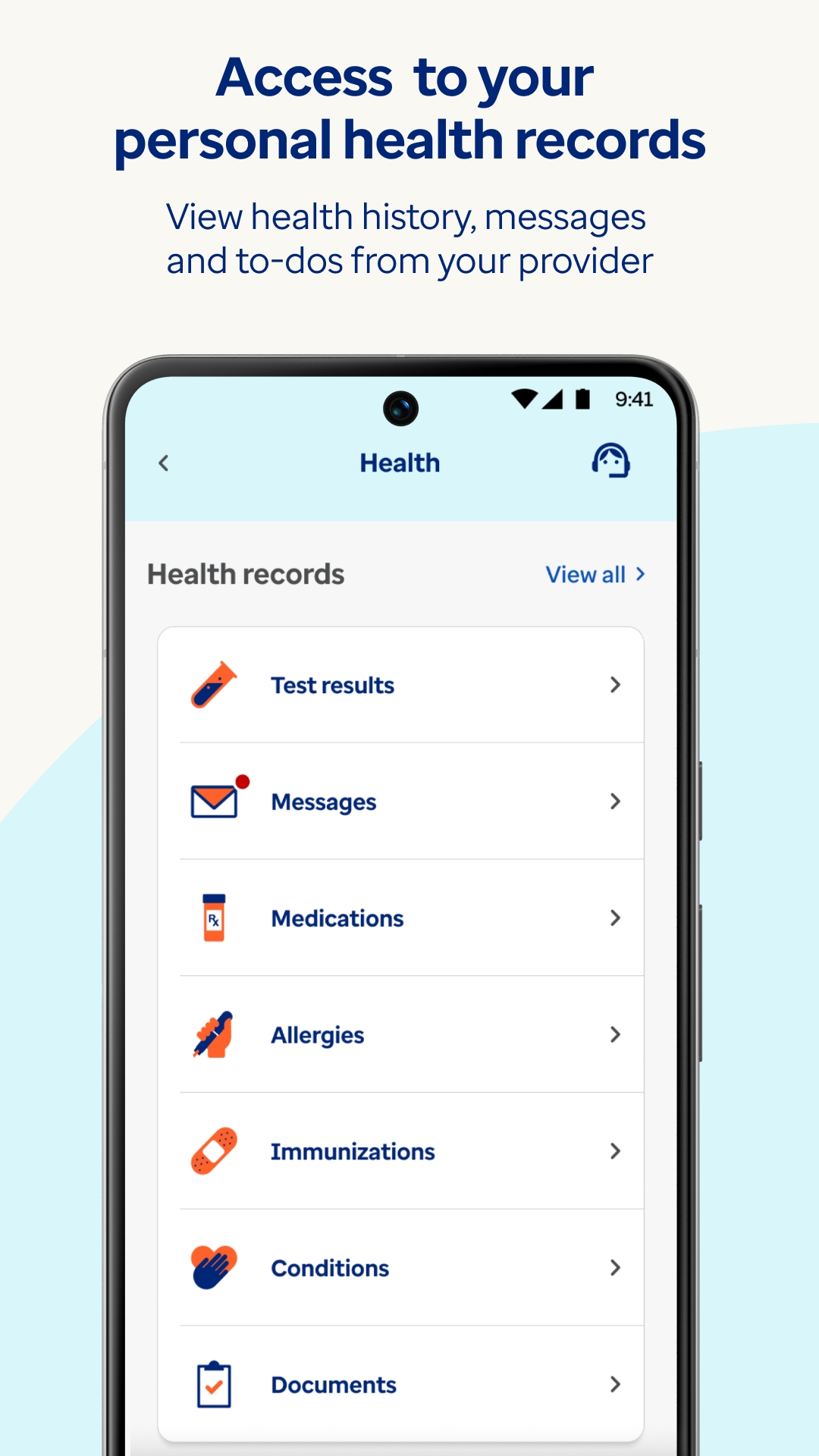 Optum app health records screen showing medical history and test results