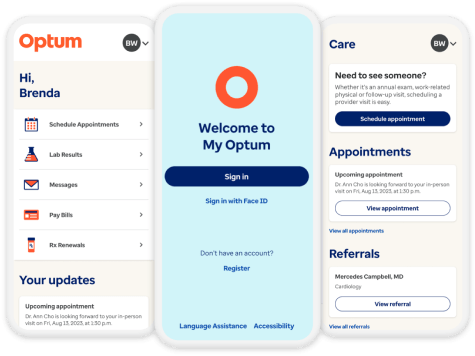 Optum app screens showing home, welcome, and care interfaces