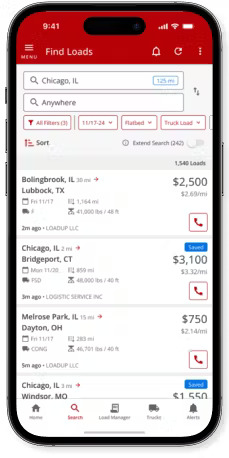 Truckstop app showing load search interface with filters and map view