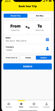 Spirit Airlines app booking interface