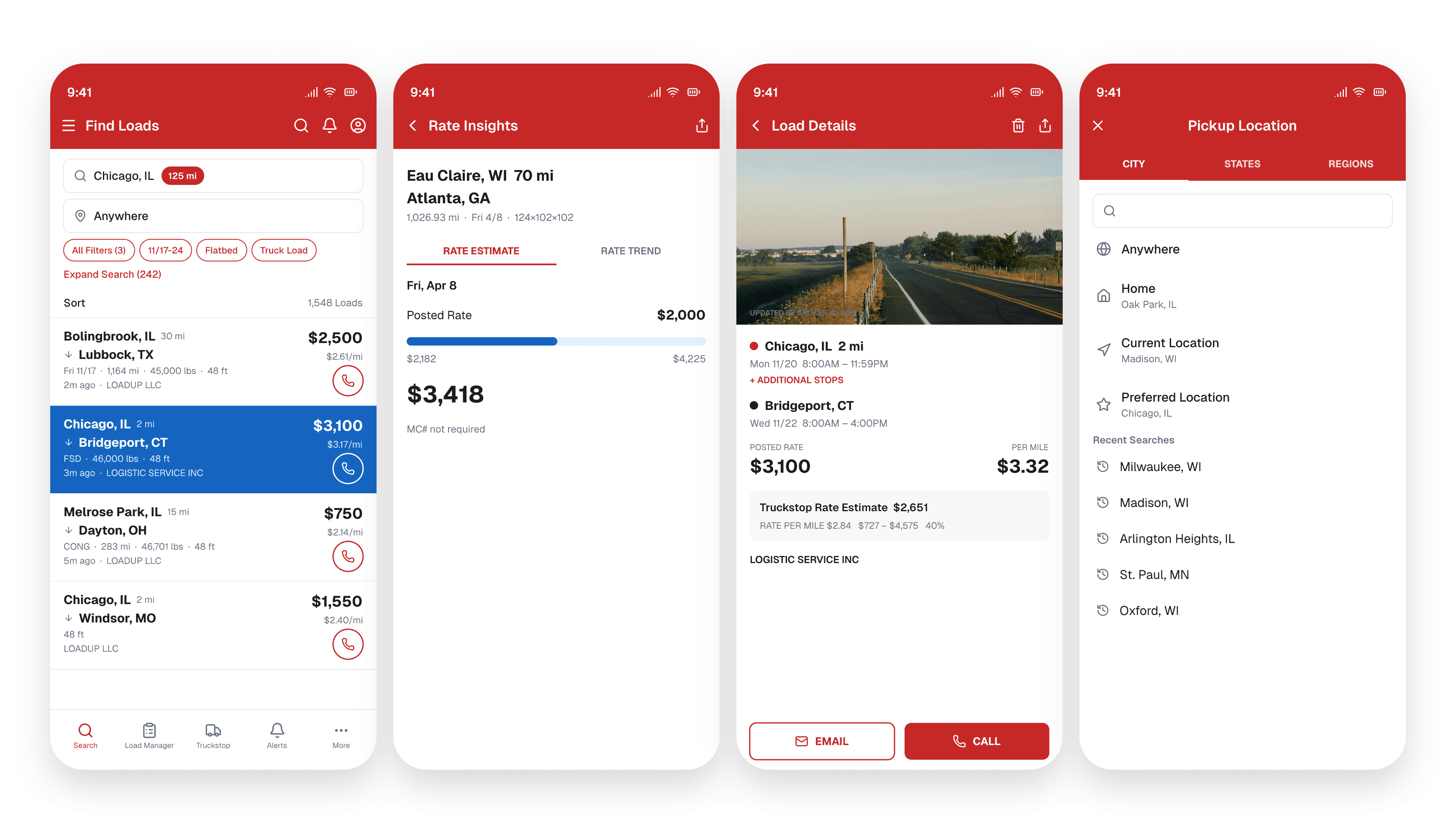 Truckstop app showing Find Loads, Rate Insights, Load Details, and Pickup Location