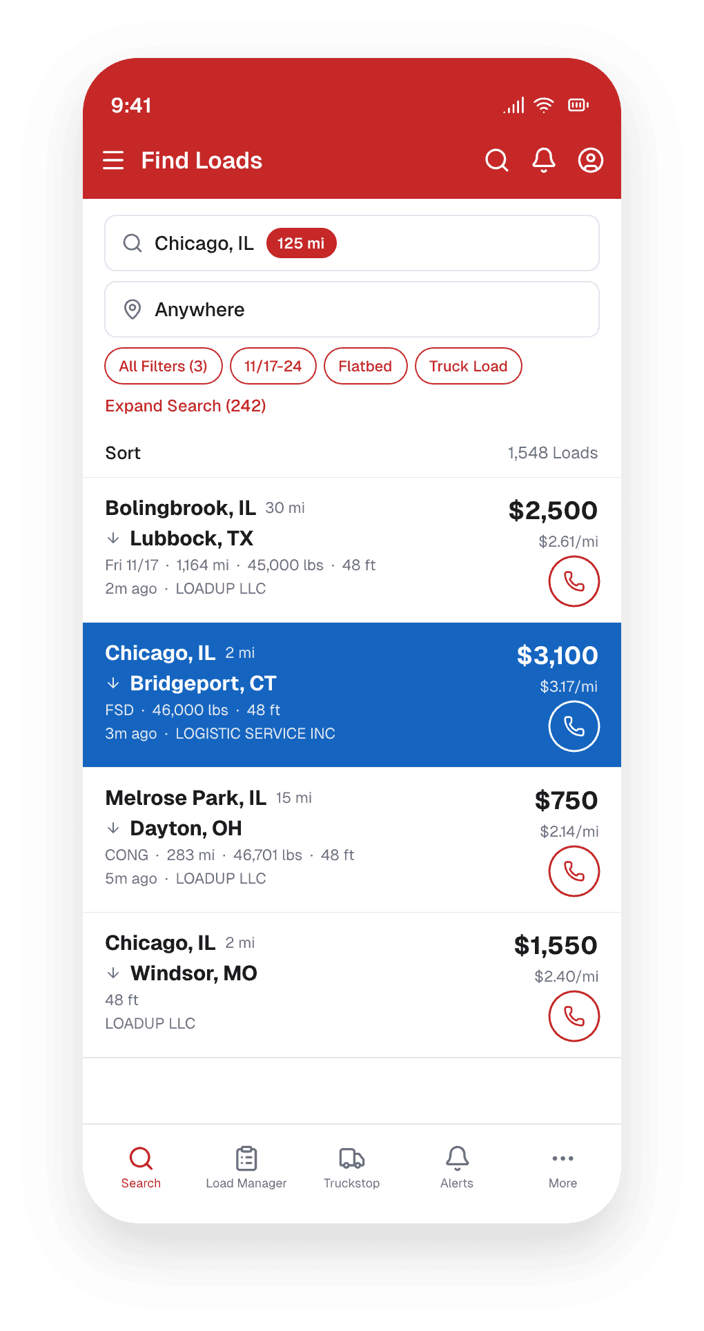 Truckstop Find Loads: Chicago search with filters, rates, and ranked results