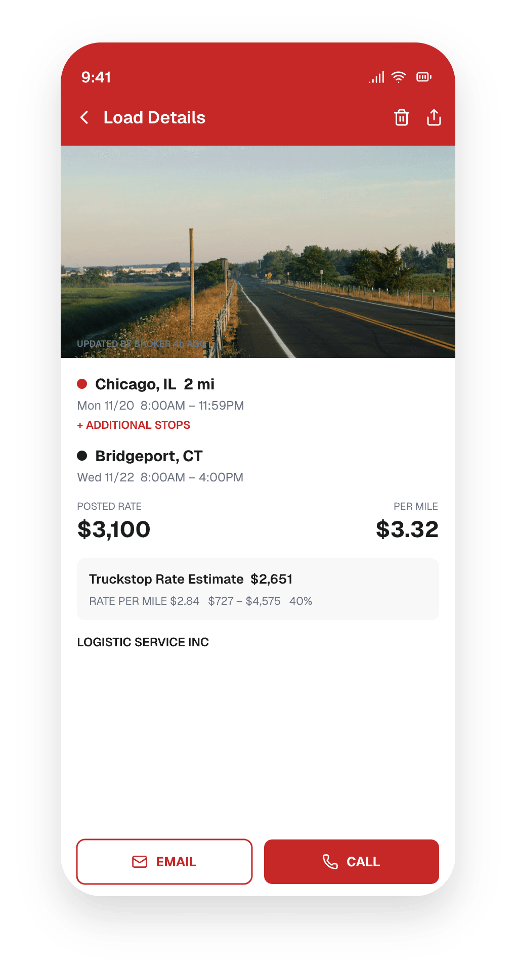 Truckstop Load Details: Chicago to Bridgeport rate, stops, email and call