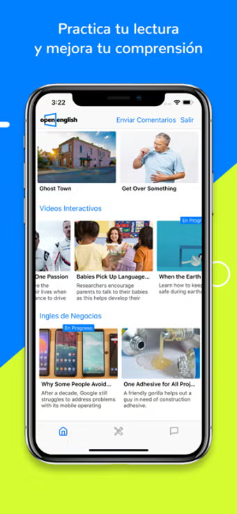 Open English app showing interactive videos and business English content