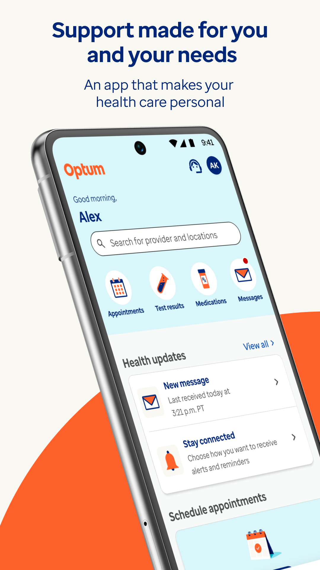 Optum app dashboard showing health metrics and quick access to care options