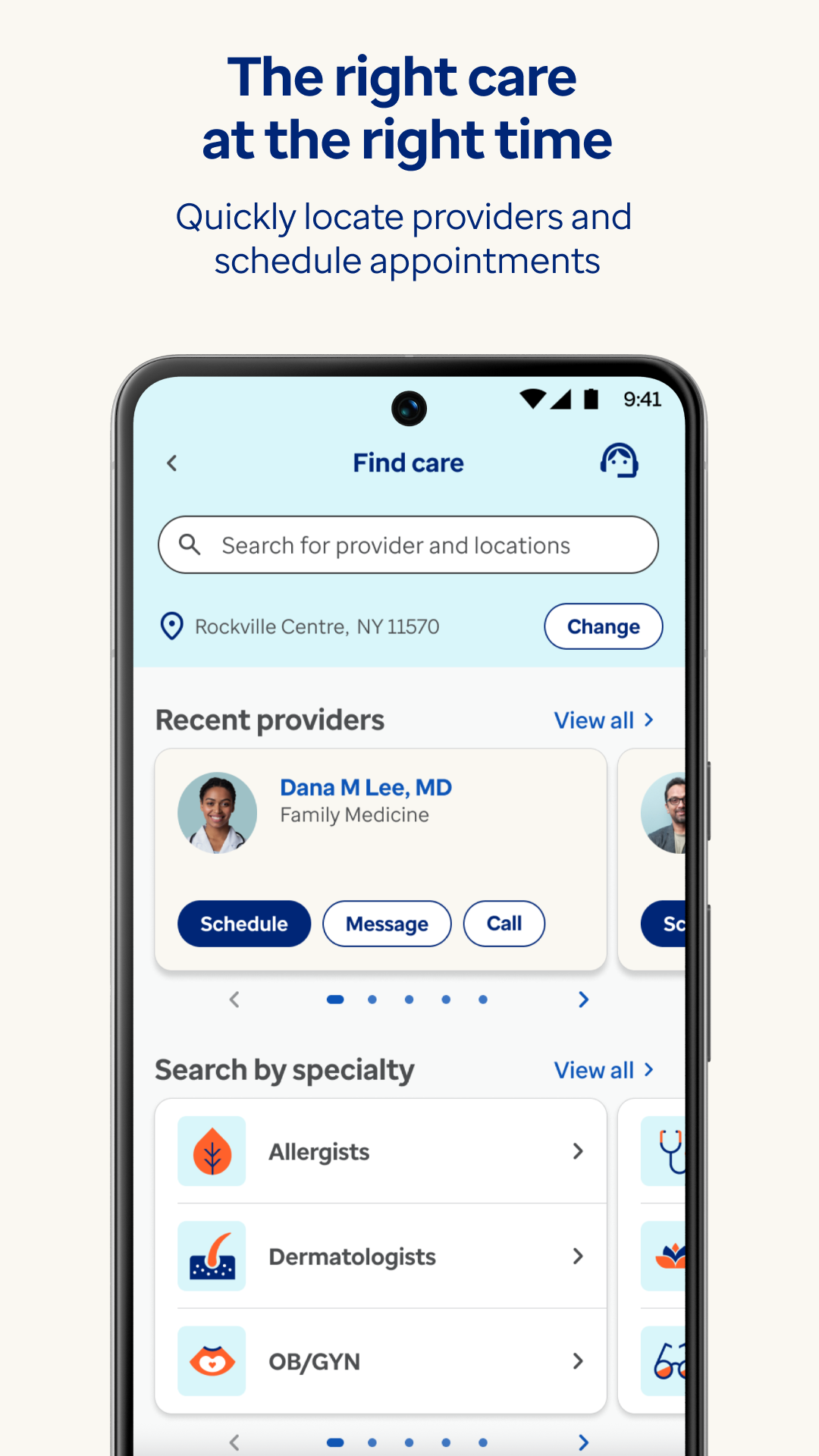 Optum app find care screen with provider search and appointment booking