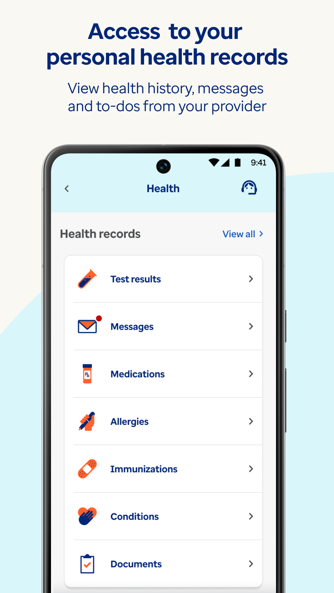 Optum app health records screen showing medical history and test results