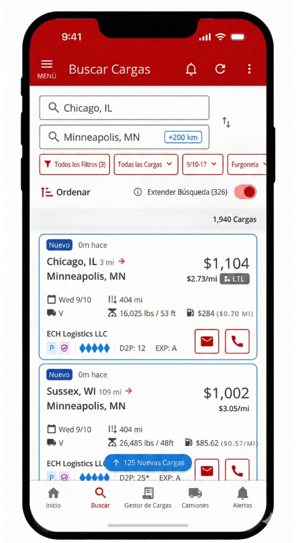 Truckstop app in Spanish language mode